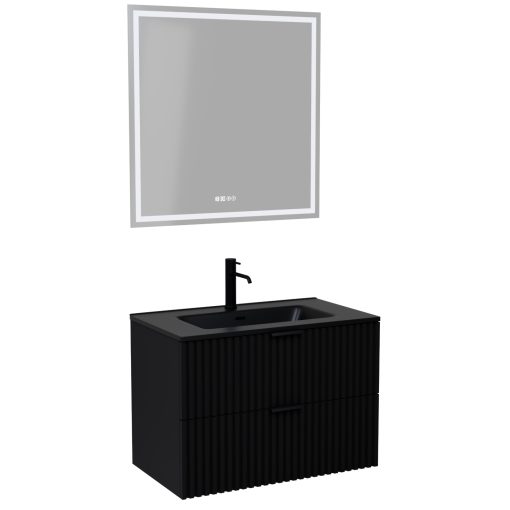 HD Ravello Matt Black 60 komplett fürdőszoba bútor fali mosdószekrénnyel, matt fekete fogantyúkkal, matt fekete slim mosdóval és tükörrel