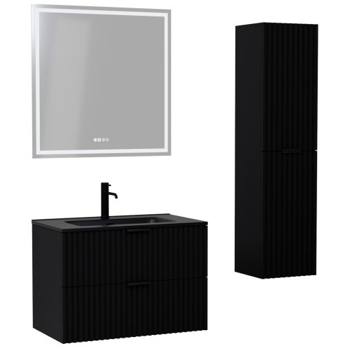 HD Ravello Matt Black 60 komplett fürdőszoba bútor szett fali mosdószekrénnyel, matt fekete fogantyúkkal, matt fekete slim mosdóval, tükörrel és magasszekrénnyel