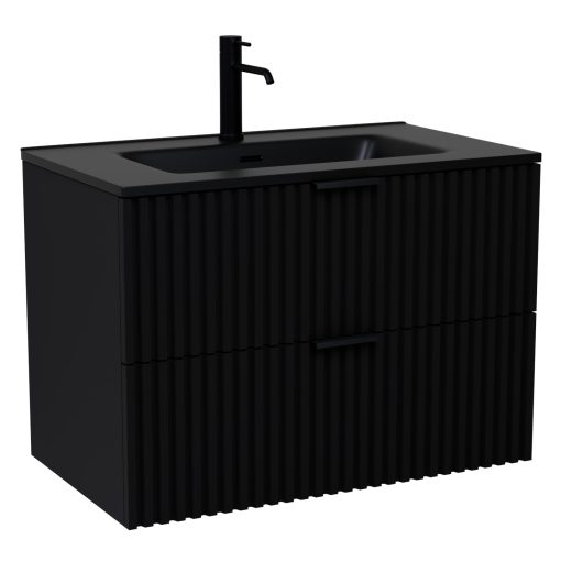 HD Ravello Matt Black 60 komplett fürdőszoba bútor szett fali mosdószekrénnyel, matt fekete fogantyúkkal, matt fekete slim mosdóval, tükörrel és magasszekrénnyel