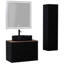 HD Rapallo Matt Black 60 komplett fürdőszoba bútor szett fali mosdószekrénnyel, matt fekete fogantyúval, tölgyfa színű mosdópulttal, tükörrel és magasszekrénnyel