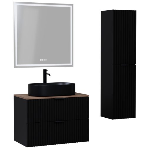 HD Rapallo Matt Black 60 komplett fürdőszoba bútor szett fali mosdószekrénnyel, matt fekete fogantyúval, tölgyfa színű mosdópulttal, tükörrel és magasszekrénnyel