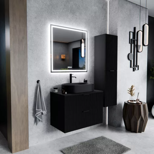 HD Rapallo Matt Black 60/80 fali mosdószekrény matt fekete mosdópulttal és matt fekete fogantyúkkal