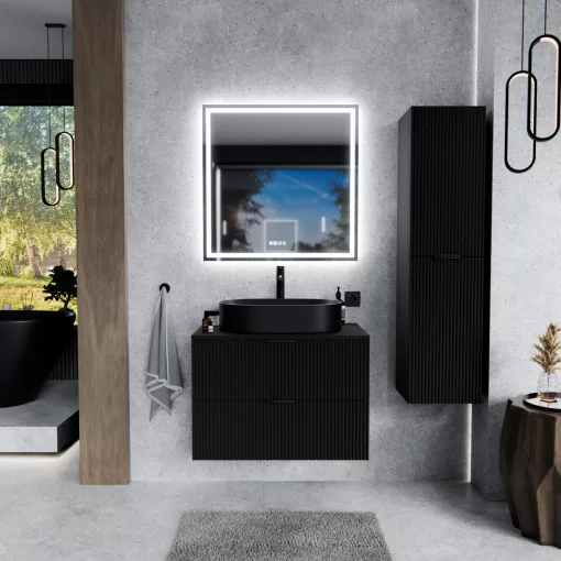 HD Rapallo Matt Black 60/80 fali mosdószekrény matt fekete mosdópulttal és matt fekete fogantyúkkal