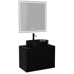   HD Rapallo Matt Black 60/80 komplett fürdőszoba bútor fali mosdószekrénnyel, matt fekete fogantyúkkal, fekete mosdópulttal és tükörrel