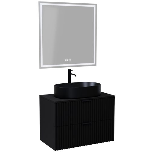 HD Rapallo Matt Black 60/80 komplett fürdőszoba bútor fali mosdószekrénnyel, matt fekete fogantyúkkal, fekete mosdópulttal és tükörrel