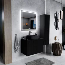 HD Rapallo Matt Black 60/80 komplett fürdőszoba bútor fali mosdószekrénnyel, matt fekete fogantyúkkal, fekete mosdópulttal és tükörrel
