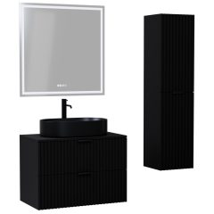   HD Rapallo Matt Black 60/80 komplett fürdőszoba bútor szett fali mosdószekrénnyel, matt fekete fogantyúval, fekete mosdópulttal, tükörrel és magasszekrénnyel