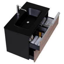 HD Cremona Black-Oak 60 komplett fürdőszoba bútor szett fali mosdószekrénnyel, fényes króm fogantyúkkal, matt fekete slim mosdóval, tükörrel és magasszekrénnyel