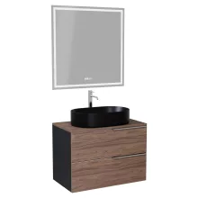 HD Carona Black-Oak 60 komplett fürdőszoba bútor fali mosdószekrénnyel, fényes króm fogantyúkkal, tölgyfa színű mosdópulttal és tükörrel