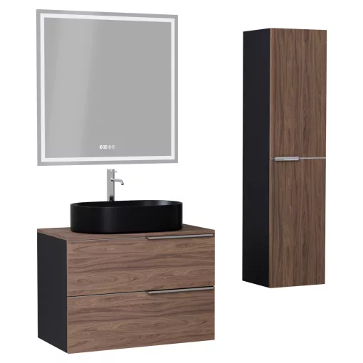 HD Carona Black-Oak 60 komplett fürdőszoba bútor szett fali mosdószekrénnyel, fényes króm fogantyúkkal, tölgyfa színű mosdópulttal, tükörrel és magasszekrénnyel