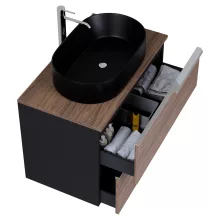 HD Carona Black-Oak 60 komplett fürdőszoba bútor szett fali mosdószekrénnyel, fényes króm fogantyúkkal, tölgyfa színű mosdópulttal, tükörrel és magasszekrénnyel