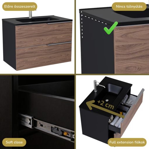 HD Cremona Black-Oak 60 fali mosdószekrény szálcsiszolt króm fogantyúkkal és matt fekete slim mosdóval