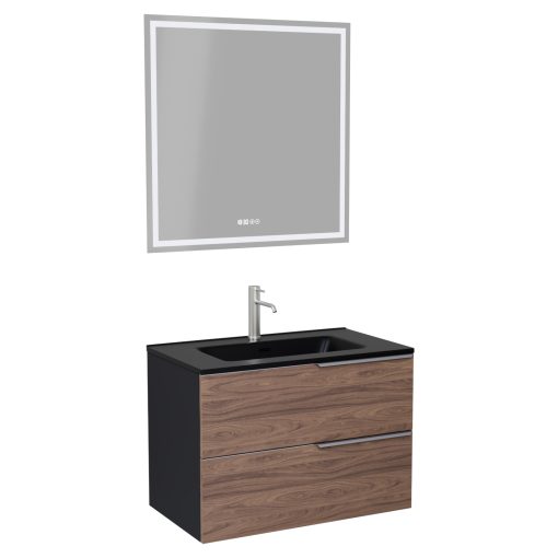 HD Cremona Black-Oak 60 komplett fürdőszoba bútor fali mosdószekrénnyel, szálcsiszolt króm fogantyúkkal, matt fekete slim mosdóval és tükörrel