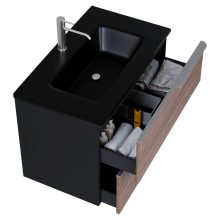 HD Cremona Black-Oak 60 komplett fürdőszoba bútor szett fali mosdószekrénnyel, szálcsiszolt króm fogantyúkkal, matt fekete slim mosdóval, tükörrel és magasszekrénnyel