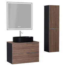 HD Carona Black-Oak 60 komplett fürdőszoba bútor szett fali mosdószekrénnyel, szálcsiszolt króm fogantyúkkal, tölgyfa színű mosdópulttal, tükörrel és magasszekrénnyel