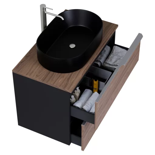 HD Carona Black-Oak 60 komplett fürdőszoba bútor szett fali mosdószekrénnyel, szálcsiszolt króm fogantyúkkal, tölgyfa színű mosdópulttal, tükörrel és magasszekrénnyel