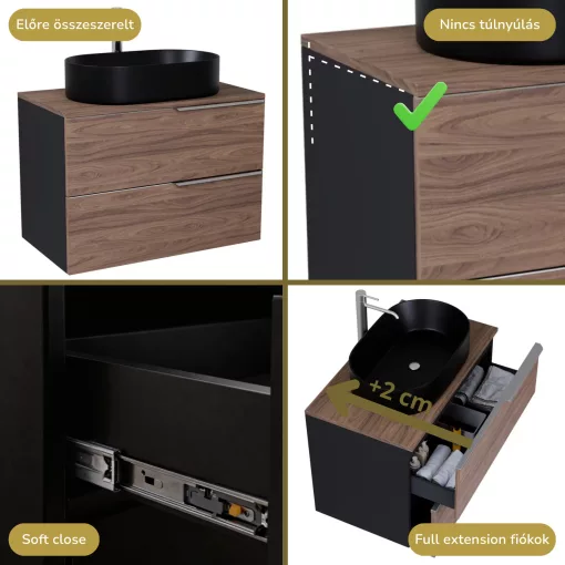 HD Carona Black-Oak 60 komplett fürdőszoba bútor szett fali mosdószekrénnyel, szálcsiszolt króm fogantyúkkal, tölgyfa színű mosdópulttal, tükörrel és magasszekrénnyel