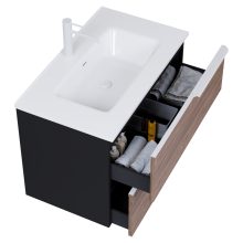 HD Cremona Black-Oak 60 komplett fürdőszoba bútor szett fali mosdószekrénnyel, matt fehér fogantyúkkal, fényes fehér slim mosdóval, tükörrel és magasszekrénnyel