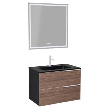 HD Cremona Black-Oak 60 komplett fürdőszoba bútor fali mosdószekrénnyel, matt fehér fogantyúkkal, matt fekete slim mosdóval és tükörrel