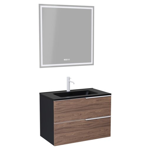 HD Cremona Black-Oak 60 komplett fürdőszoba bútor fali mosdószekrénnyel, matt fehér fogantyúkkal, matt fekete slim mosdóval és tükörrel