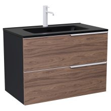 HD Cremona Black-Oak 60 komplett fürdőszoba bútor fali mosdószekrénnyel, matt fehér fogantyúkkal, matt fekete slim mosdóval és tükörrel