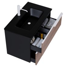 HD Cremona Black-Oak 60 komplett fürdőszoba bútor fali mosdószekrénnyel, matt fehér fogantyúkkal, matt fekete slim mosdóval és tükörrel