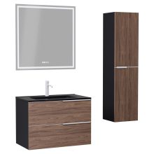 HD Cremona Black-Oak 60 komplett fürdőszoba bútor szett fali mosdószekrénnyel, matt fehér fogantyúkkal, matt fekete slim mosdóval, tükörrel és magasszekrénnyel