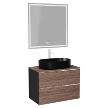 HD Carona Black-Oak 60 komplett fürdőszoba bútor fali mosdószekrénnyel, matt fehér fogantyúkkal, tölgyfa színű mosdópulttal és tükörrel