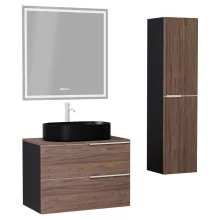 HD Carona Black-Oak 60 komplett fürdőszoba bútor szett fali mosdószekrénnyel, matt fehér fogantyúkkal, tölgyfa színű mosdópulttal, tükörrel és magasszekrénnyel