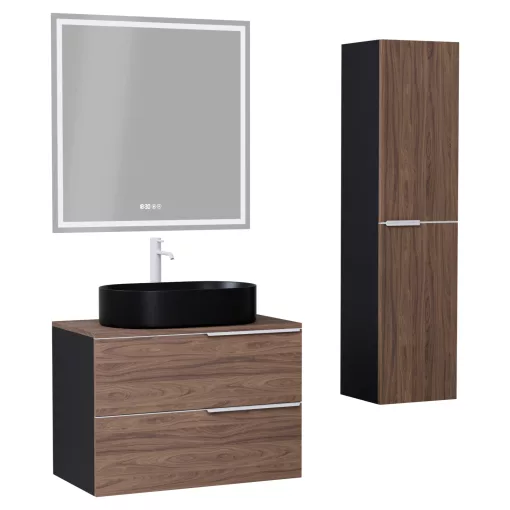 HD Carona Black-Oak 60 komplett fürdőszoba bútor szett fali mosdószekrénnyel, matt fehér fogantyúkkal, tölgyfa színű mosdópulttal, tükörrel és magasszekrénnyel