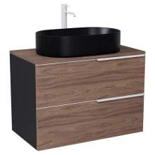 HD Carona Black-Oak 60 komplett fürdőszoba bútor szett fali mosdószekrénnyel, matt fehér fogantyúkkal, tölgyfa színű mosdópulttal, tükörrel és magasszekrénnyel