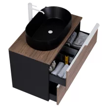 HD Carona Black-Oak 60 komplett fürdőszoba bútor szett fali mosdószekrénnyel, matt fehér fogantyúkkal, tölgyfa színű mosdópulttal, tükörrel és magasszekrénnyel