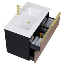 HD Cremona Black-Oak 60 komplett fürdőszoba bútor szett fali mosdószekrénnyel, szálcsiszolt arany fogantyúkkal, fényes fehér slim mosdóval, tükörrel és magasszekrénnyel