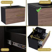 HD Cremona Black-Oak 60 komplett fürdőszoba bútor fali mosdószekrénnyel, szálcsiszolt arany fogantyúkkal, matt fekete slim mosdóval és tükörrel