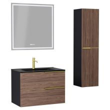 HD Cremona Black-Oak 60 komplett fürdőszoba bútor szett fali mosdószekrénnyel, szálcsiszolt arany fogantyúkkal, matt fekete slim mosdóval, tükörrel és magasszekrénnyel