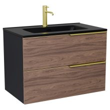 HD Cremona Black-Oak 60 komplett fürdőszoba bútor szett fali mosdószekrénnyel, szálcsiszolt arany fogantyúkkal, matt fekete slim mosdóval, tükörrel és magasszekrénnyel