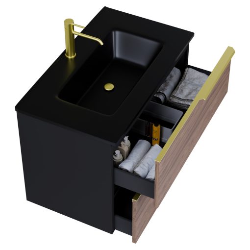 HD Cremona Black-Oak 60 komplett fürdőszoba bútor szett fali mosdószekrénnyel, szálcsiszolt arany fogantyúkkal, matt fekete slim mosdóval, tükörrel és magasszekrénnyel