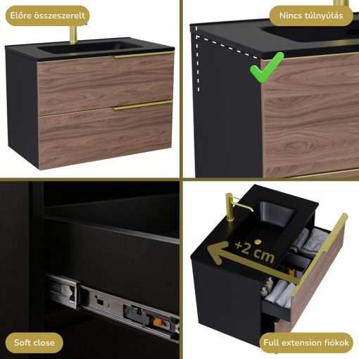 HD Cremona Black-Oak 60 komplett fürdőszoba bútor szett fali mosdószekrénnyel, szálcsiszolt arany fogantyúkkal, matt fekete slim mosdóval, tükörrel és magasszekrénnyel