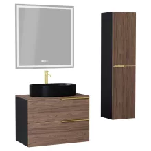 HD Carona Black-Oak 60 komplett fürdőszoba bútor szett fali mosdószekrénnyel, szálcsiszolt arany fogantyúkkal, tölgyfa színű mosdópulttal, tükörrel és magasszekrénnyel