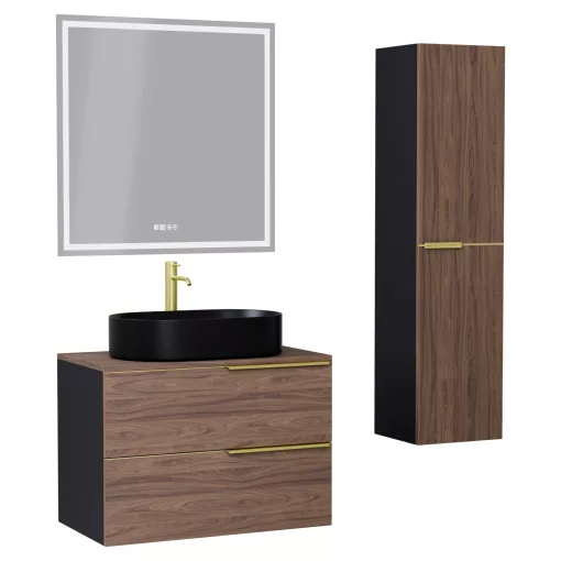 HD Carona Black-Oak 60 komplett fürdőszoba bútor szett fali mosdószekrénnyel, szálcsiszolt arany fogantyúkkal, tölgyfa színű mosdópulttal, tükörrel és magasszekrénnyel