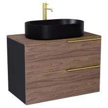 HD Carona Black-Oak 60 komplett fürdőszoba bútor szett fali mosdószekrénnyel, szálcsiszolt arany fogantyúkkal, tölgyfa színű mosdópulttal, tükörrel és magasszekrénnyel