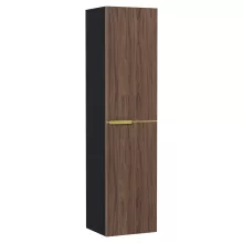 HD Carona Black-Oak 60 komplett fürdőszoba bútor szett fali mosdószekrénnyel, szálcsiszolt arany fogantyúkkal, tölgyfa színű mosdópulttal, tükörrel és magasszekrénnyel