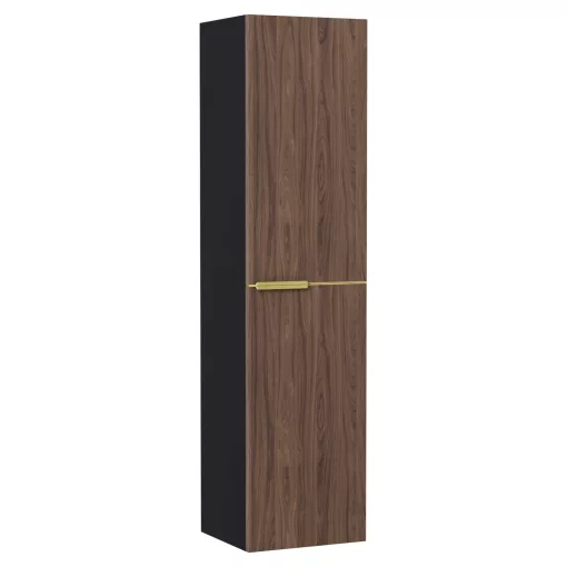 HD Carona Black-Oak 60 komplett fürdőszoba bútor szett fali mosdószekrénnyel, szálcsiszolt arany fogantyúkkal, tölgyfa színű mosdópulttal, tükörrel és magasszekrénnyel