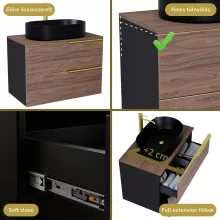 HD Carona Black-Oak 60 komplett fürdőszoba bútor szett fali mosdószekrénnyel, szálcsiszolt arany fogantyúkkal, tölgyfa színű mosdópulttal, tükörrel és magasszekrénnyel