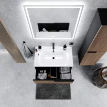 HD Cremona Black-Oak 60 fali mosdószekrény matt fekete fogantyúkkal és fényes fehér slim mosdóval