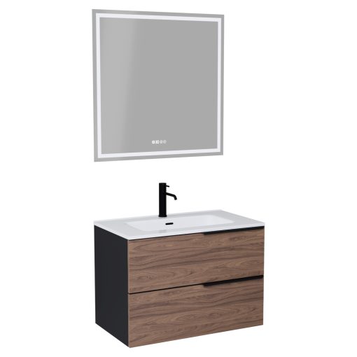 HD Cremona Black-Oak 60 komplett fürdőszoba bútor fali mosdószekrénnyel, matt fekete fogantyúkkal, fényes fehér slim mosdóval és tükörrel