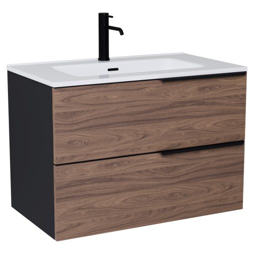 HD Cremona Black-Oak 60 komplett fürdőszoba bútor fali mosdószekrénnyel, matt fekete fogantyúkkal, fényes fehér slim mosdóval és tükörrel