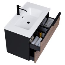 HD Cremona Black-Oak 60 komplett fürdőszoba bútor szett fali mosdószekrénnyel, matt fekete fogantyúkkal, fényes fehér slim mosdóval, tükörrel és magasszekrénnyel