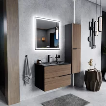 HD Cremona Black-Oak 60 fali mosdószekrény matt fekete fogantyúkkal és matt fekete slim mosdóval