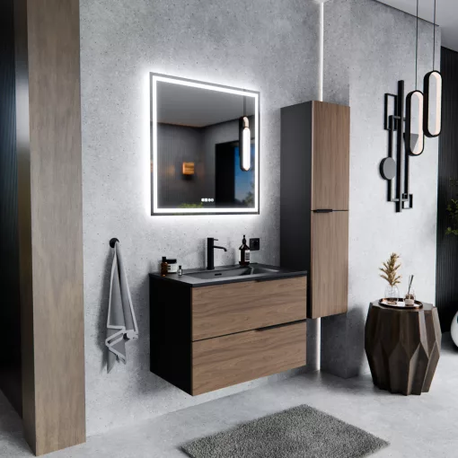 HD Cremona Black-Oak 60 fali mosdószekrény matt fekete fogantyúkkal és matt fekete slim mosdóval